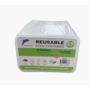 25pk 750ml Rectangular Food Container 17.5x12.5x5.5cm 