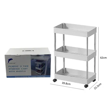 3 Tier Plastic Rolling Storage Cart 39.8x21.5x62cm