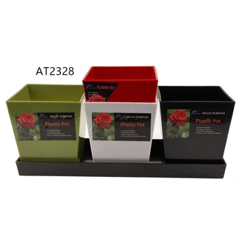 3pc Plastic Square Flower Pots in Rectangular Tray