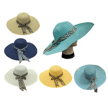 Woman's Wide Brim Straw Sunhat With Leopard Print Ribbon-Assorted Colour 45cm
