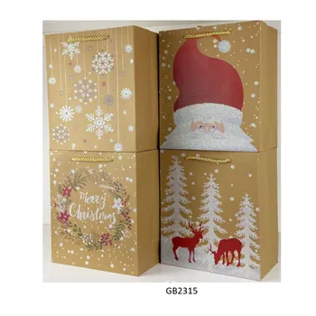 Multi Size Gift Bag-Christmas Brown With Glitter Print