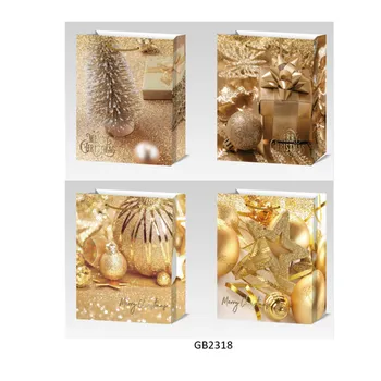 Multi Size Gift Bag-Christmas Gold With Gold Decoration Print