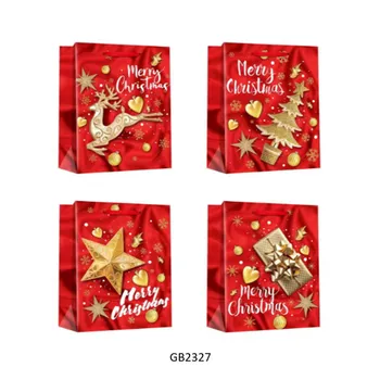 Multi Size Gift Bag-Christmas Red With Assorted Gold Decoration Print