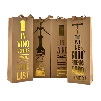 Gift Bag-Kraft Paper With Assorted Gold Wine Bottle Design