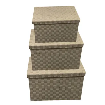 3pc Woven Basket With Lid Set-Beige