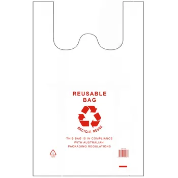 White Reusable Plastic Singlet Bags X-Large 9x50pcs-Red Logo 35+18x63cm 
