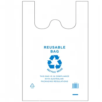 White Reusable Plastic Singlet Bags XX-Large 6x50pcs-Blue Logo 40+20x70cm