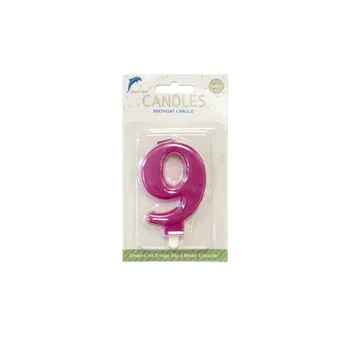 Numeral Birthday Candle No.9-Metallic Hot Pink 9cm