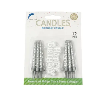 12pc Spiral Birthday Candle in Holder With Cake Decoration-Metallic Silver 6cm