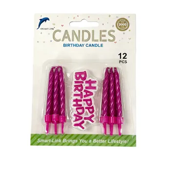 12pc Spiral Birthday Candle in Holder With Cake Decoration-Metallic Hot Pink 6cm