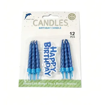 12pc Spiral Birthday Candle in Holder With Cake Decoration-Metallic Blue 6cm