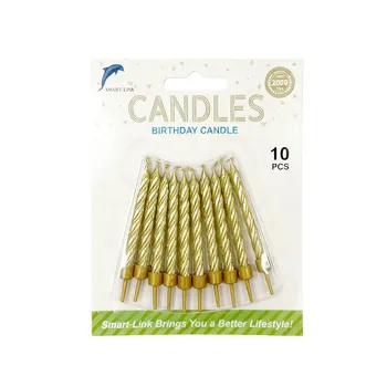 10pc Spiral Birthday Candle in Holder-Metallic Gold 6cm