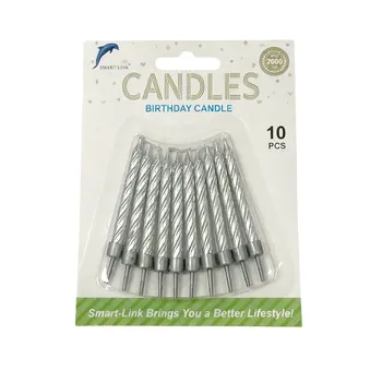 10pc Spiral Birthday Candle in Holder-Metallic Silver 6cm