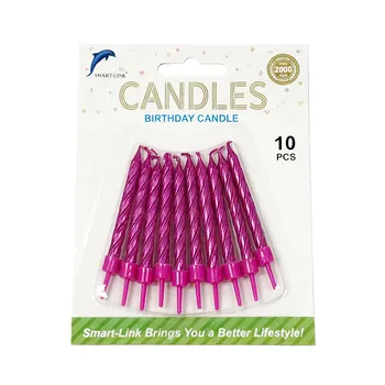 10pc Spiral Birthday Candle in Holder-Metallic Hot Pink 6cm