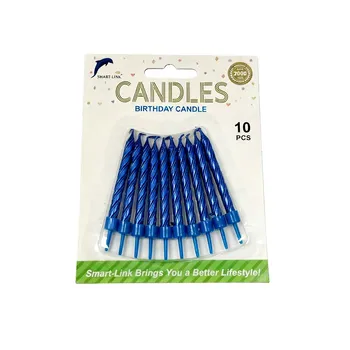 10pc Spiral Birthday Candle in Holder-Metallic Blue 6cm