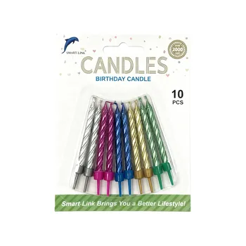10pc Spiral Birthday Candle in Holder-Metallic Mixed Colour 6cm